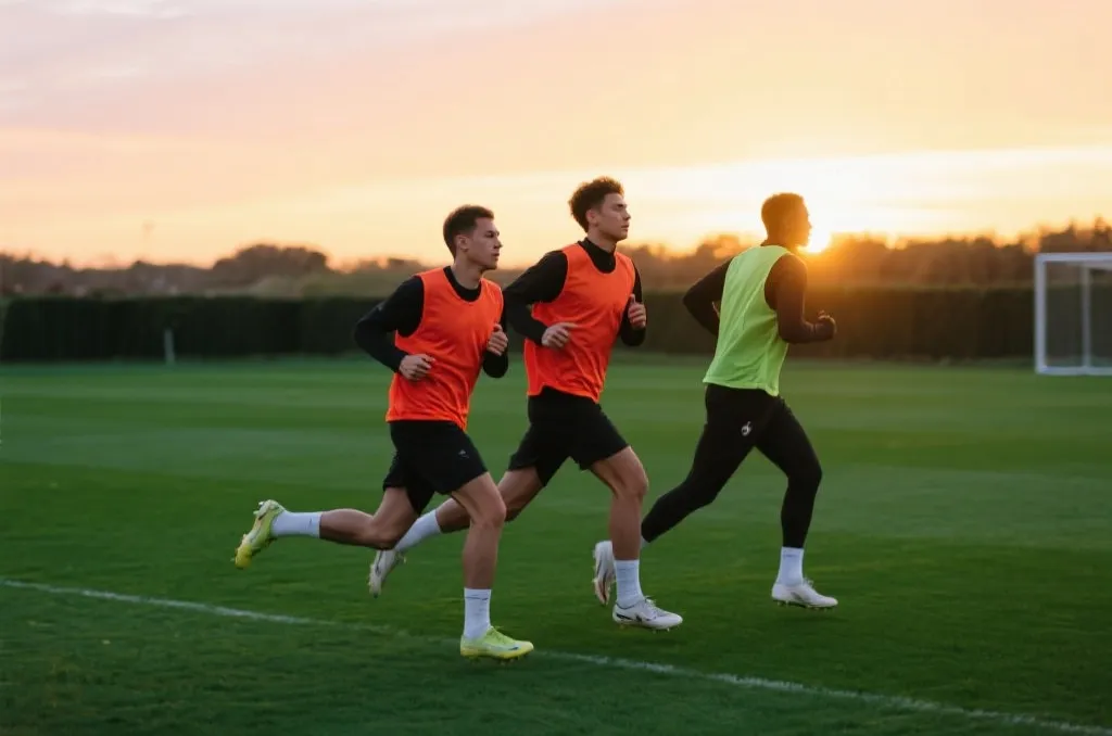 Professional soccer players in training bibs running on a green pitch during sunset training session