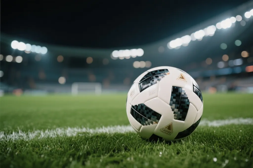 A soccer ball on a lush green pitch under stadium lights