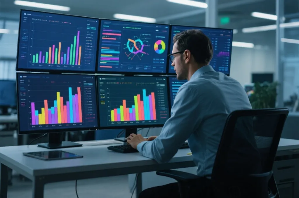 Professional data analyst working with graphs and heatmaps on dual monitors in a tech office