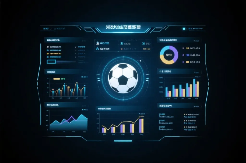 Abstract digital dashboard showing statistical graphs, charts, and soccer ball icon on dark background, high tech aesthetic